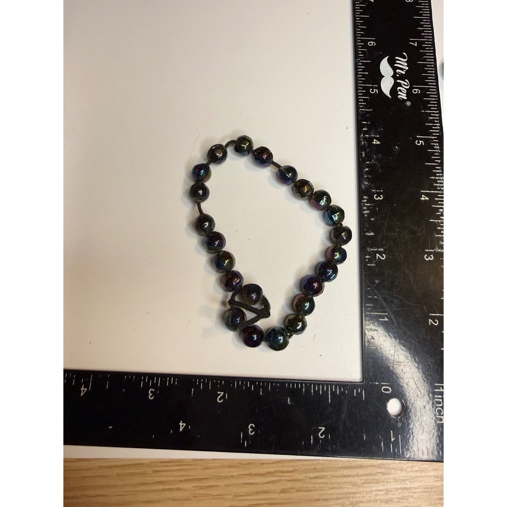 Iridescent Oil Slick Knotted Glass Bead Bracelet Peacock Dark Shimmer 8.5"